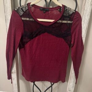 Sanctuary Burgundy Linen Lace Long Sleeve Boho Top Women’s Size M